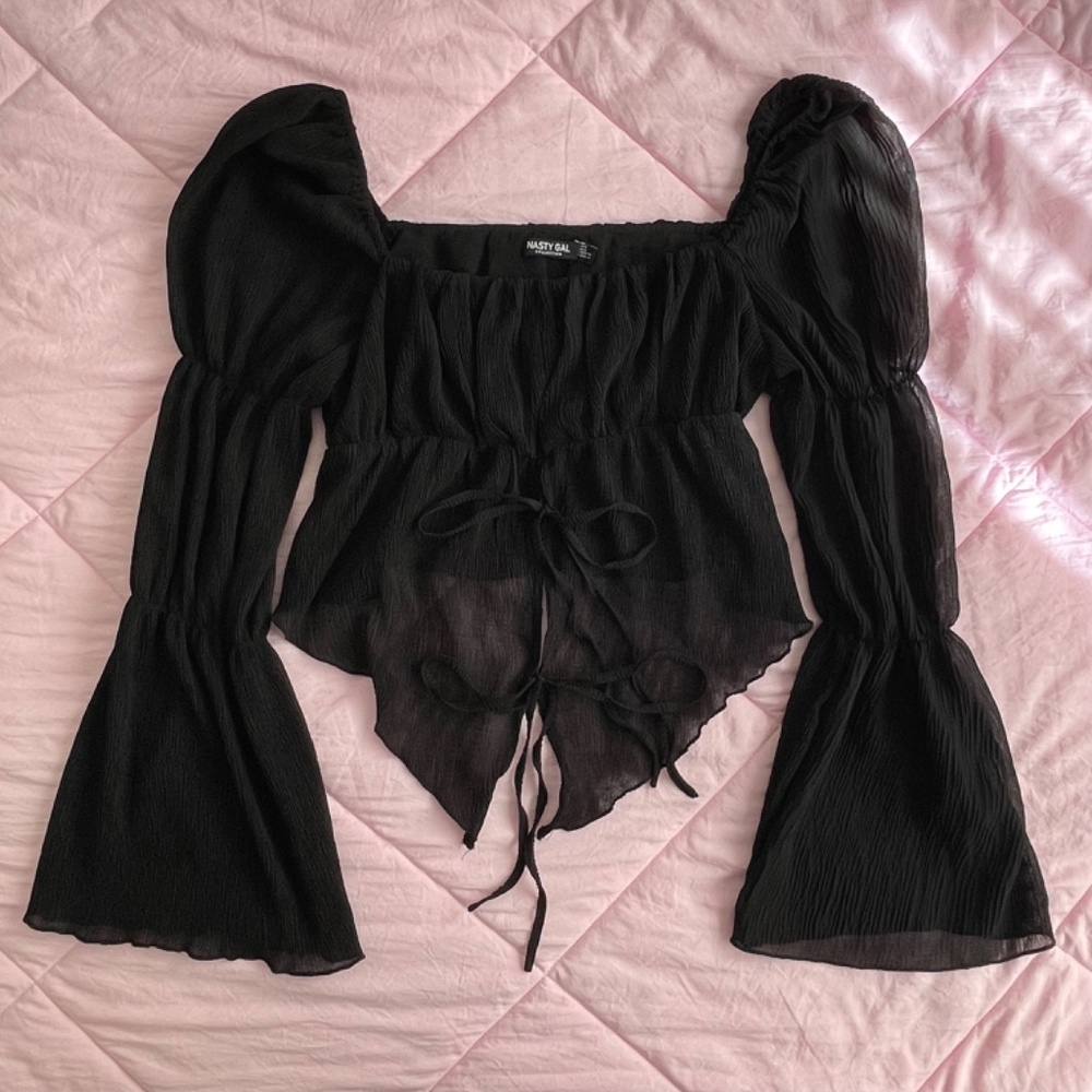 SOLD Black Ruched Long Sleeve Sheer Blouse w/ Square Neckline & Ribbon Detail